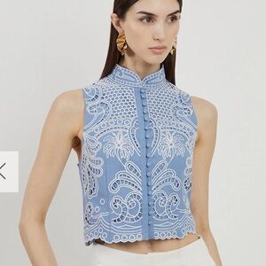 KAREN MILLEN Linen Cutwork Detail Woven Top Blue Embroidered Vest size 8